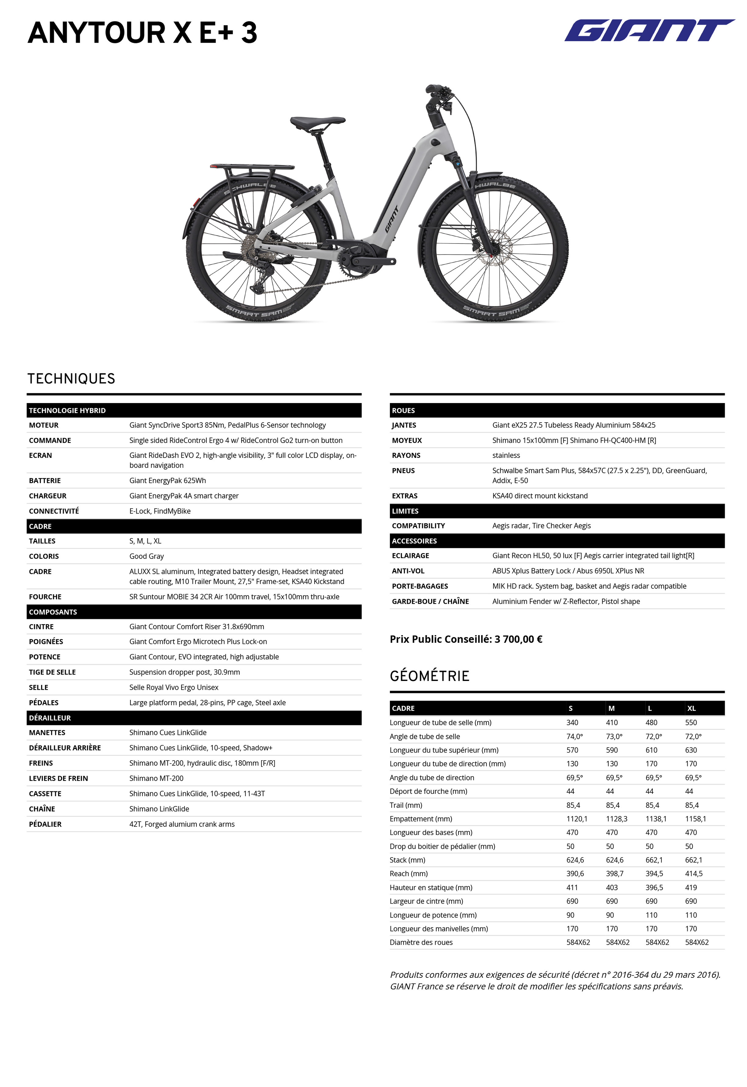 Fiche technique du velo électrique Anytour X E+ 3 année 2027